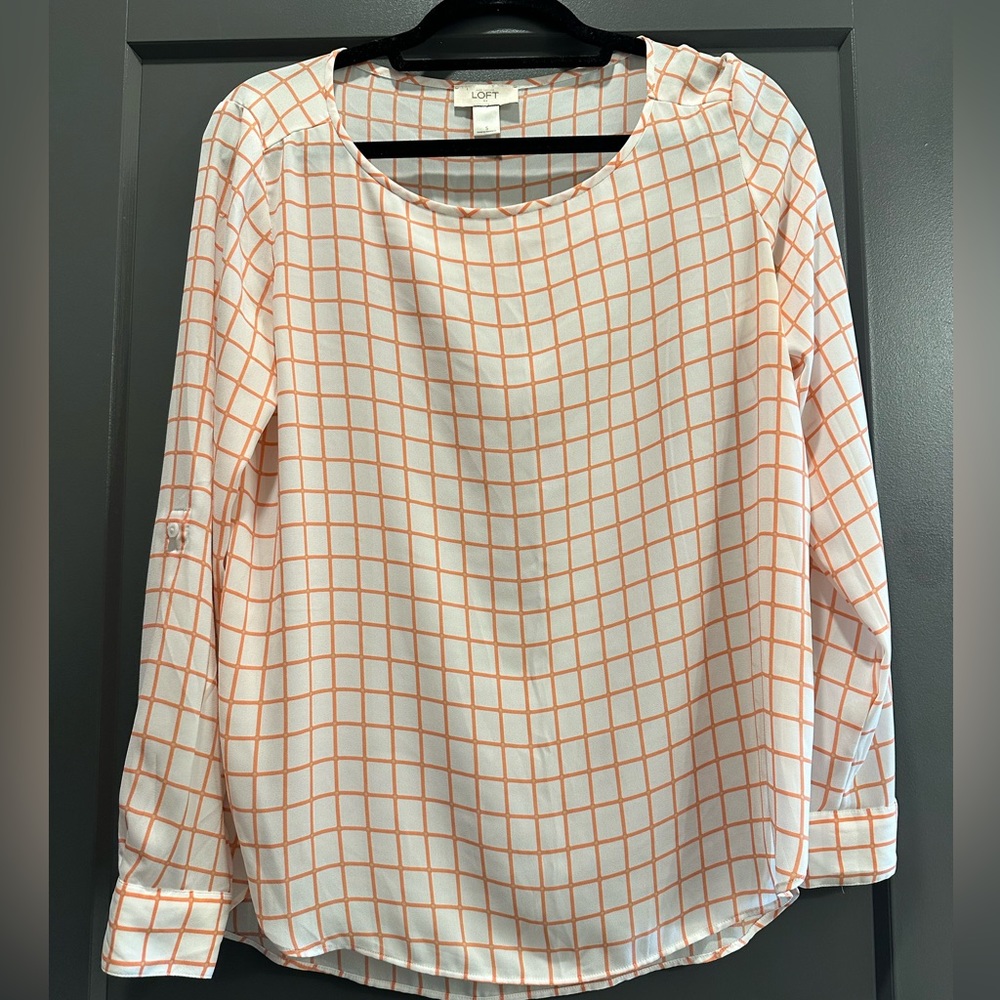 Loft long sleeve coral and white plaid blouse